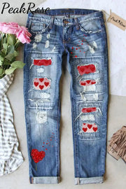 Love Heart-Shaped Print Ripped Denim Jeans