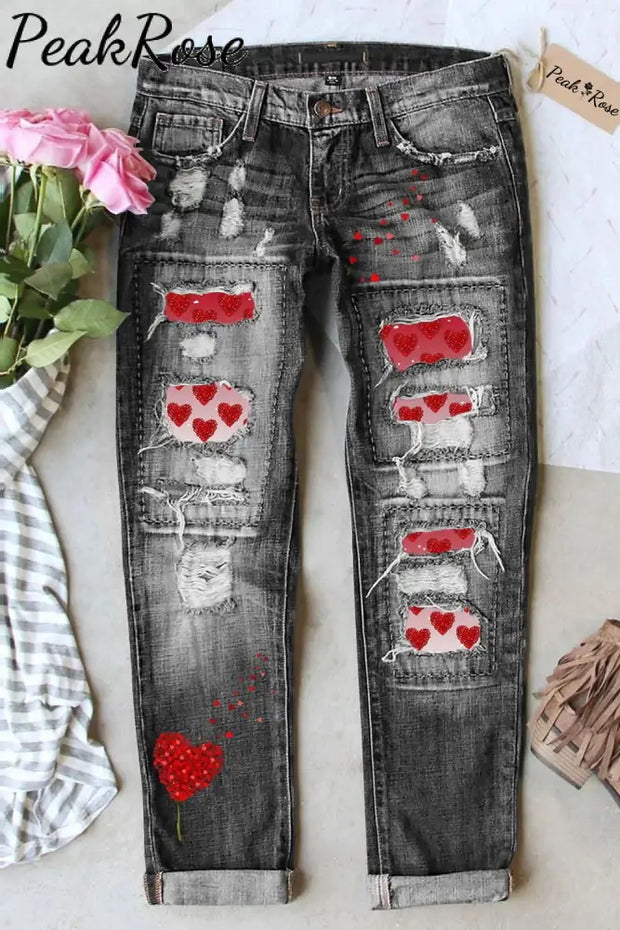 Love Heart-Shaped Print Ripped Denim Jeans