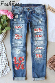 Love Heart-Shaped Print Ripped Denim Jeans