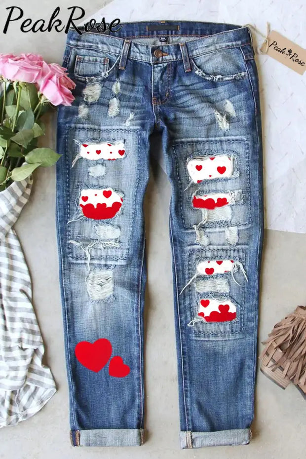 Love Heart-Shaped Print Ripped Denim Jeans