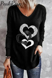 Love Heart V Neck Casual Long Sleeve T-Shirt S / Black