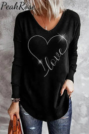 Love Heart V Neck Shift Casual Long Sleeve T-Shirt S / Black