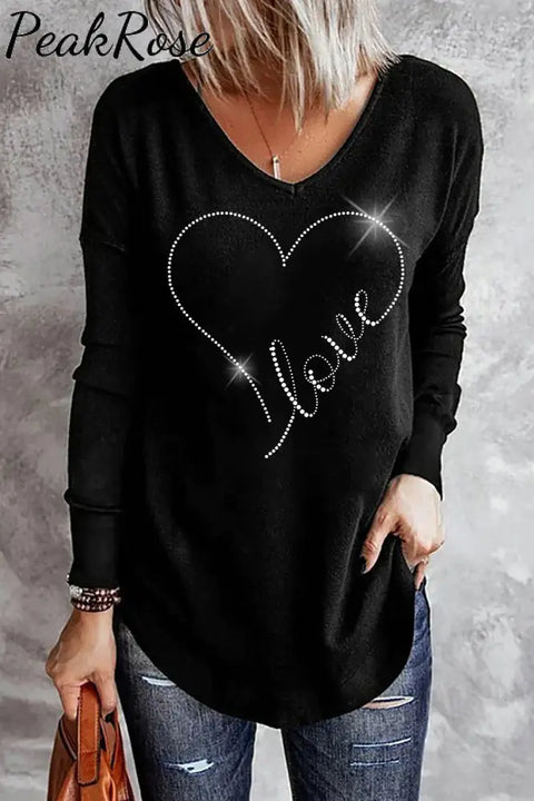 Love Heart V Neck Shift Casual Long Sleeve T-Shirt S / Black