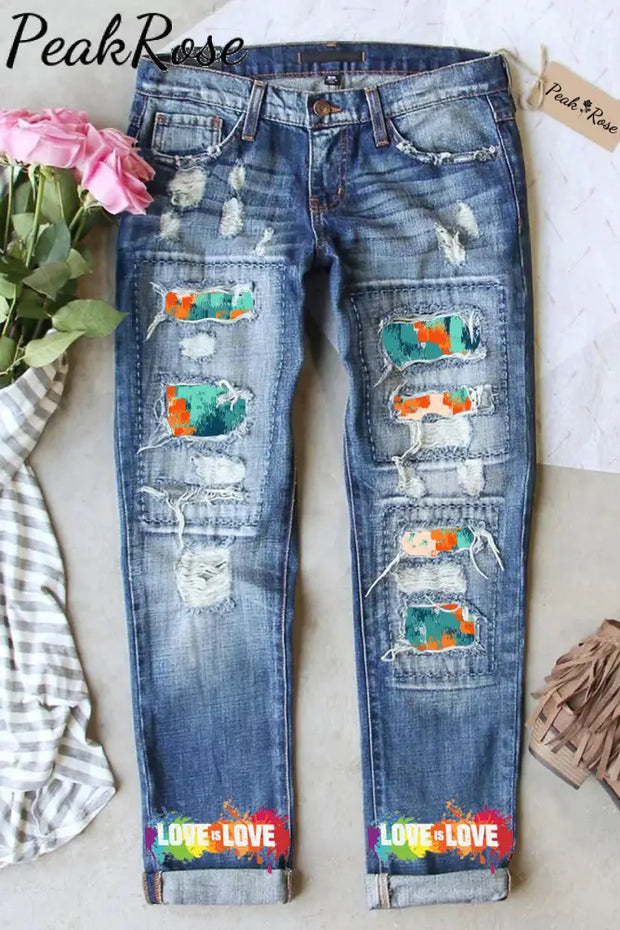 Love Is Rainbow Print Ripped Jeans