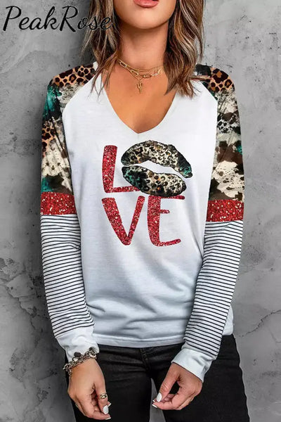 Love Leopard Glitter Striped Sweatshirt S / White