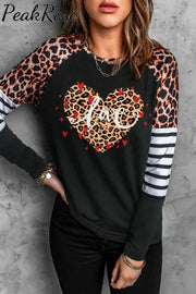 Love Leopard Heart Print Color Block Sweatshirt S / Black