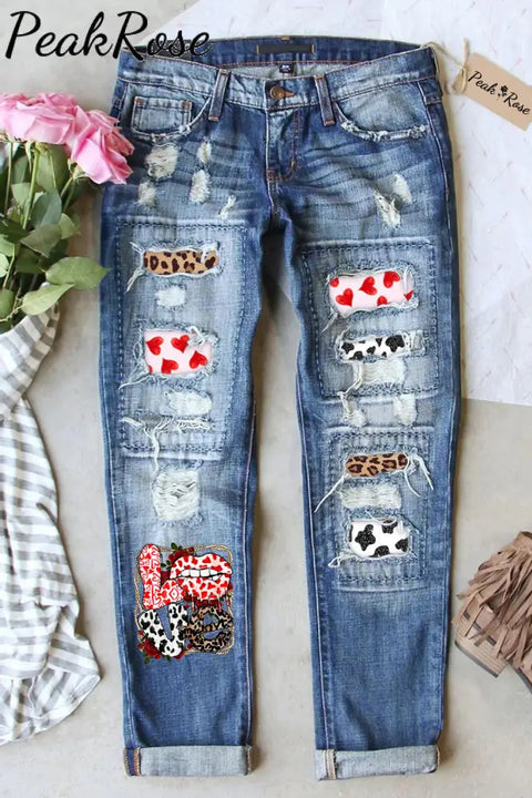 Love Leopard Lips Print Ripped Denim Jeans