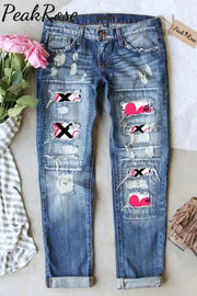 Love Leopard Plaid Graffiti Pattern Denim Jeans S / Blue