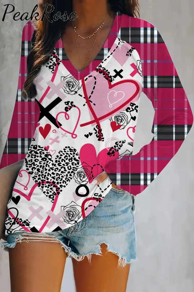 Love Leopard Plaid Graffiti Pattern V-Neck Long Sleeve Tee