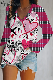 Love Leopard Plaid Graffiti Pattern V-Neck Long Sleeve Tee S / Photo Color