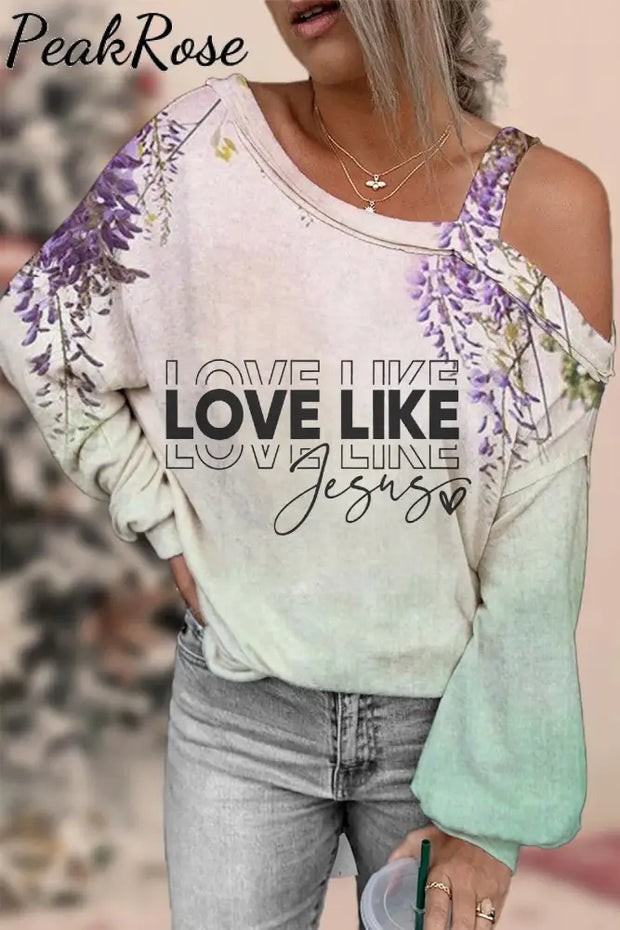 Love Like Jesus Floral Christian Print Off-Shoulder Blouse