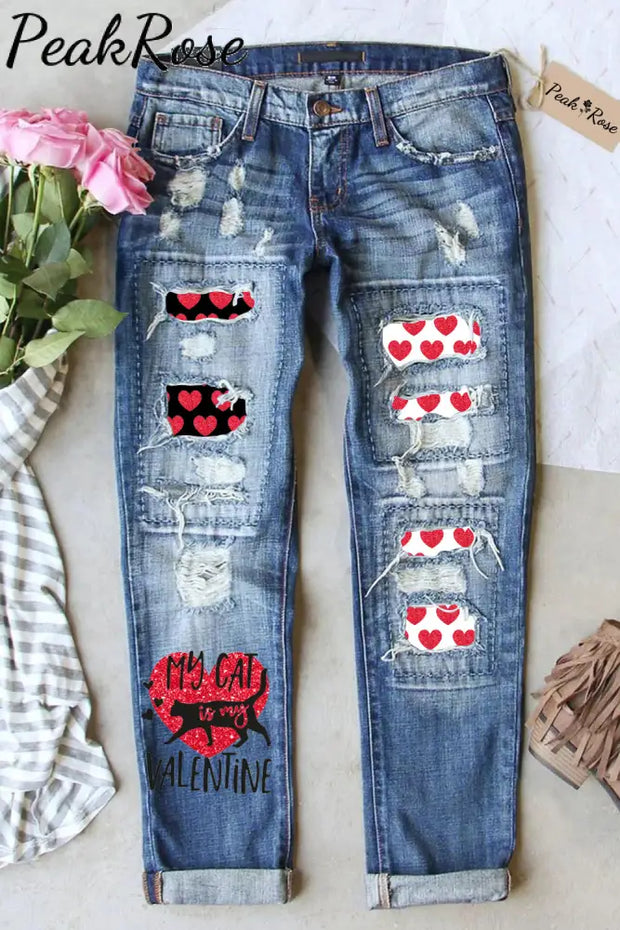 Love My Cat Is Valentine Print Ripped Jeans