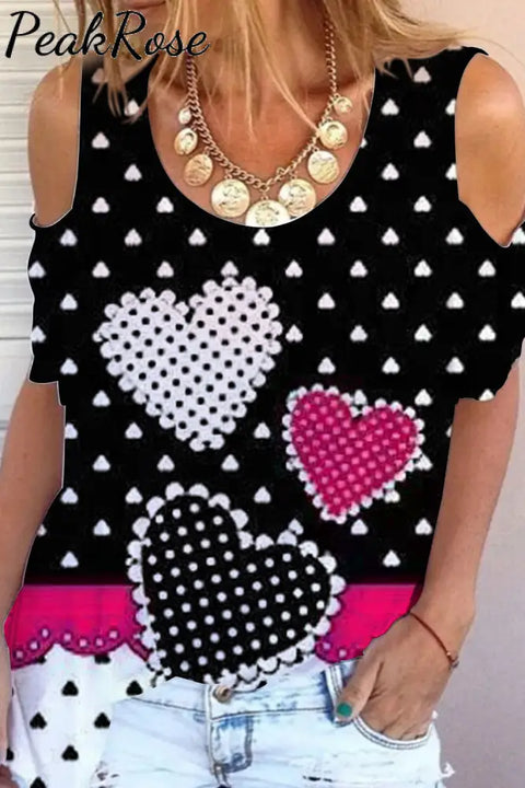 Love Polka Dots Heart Cold Shoulder T-Shirt