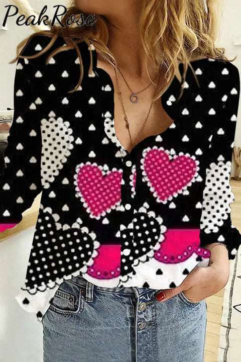 Love Polka Dots Heart Long Sleeve Shirt S / Black Women