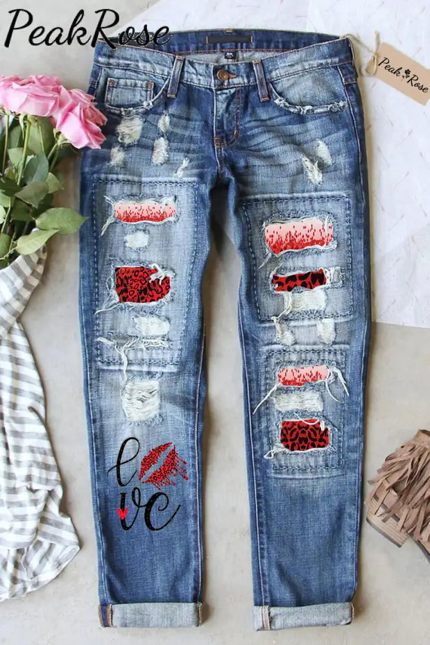 Love Print Ripped Denim Jeans