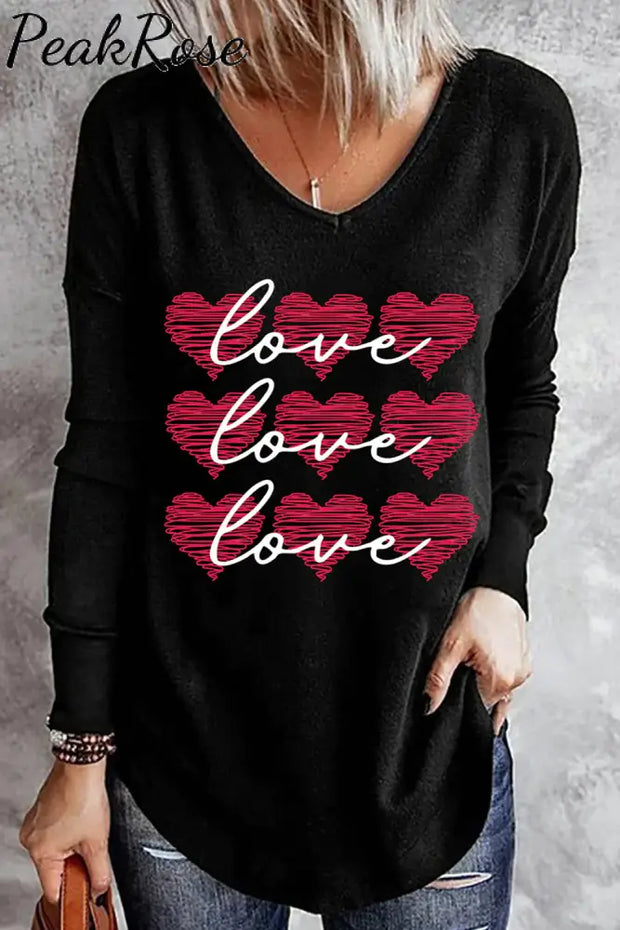 Love Print V Neck Long Sleeve T-Shirt