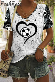 Love Soccer Print Tie-Dye V Neck T-Shirt T-Shirt