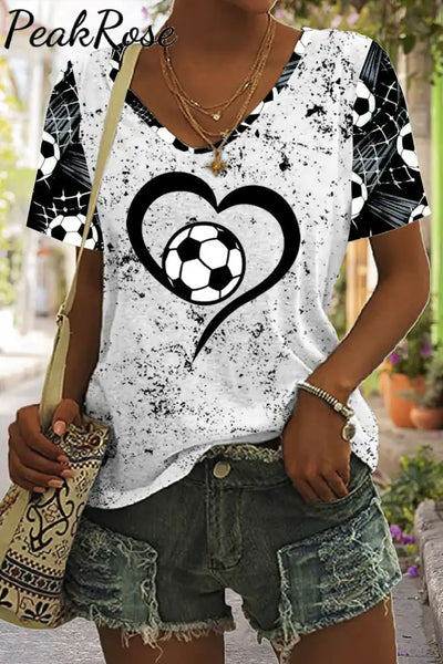 Love Soccer Print Tie-Dye V Neck T-Shirt T-Shirt