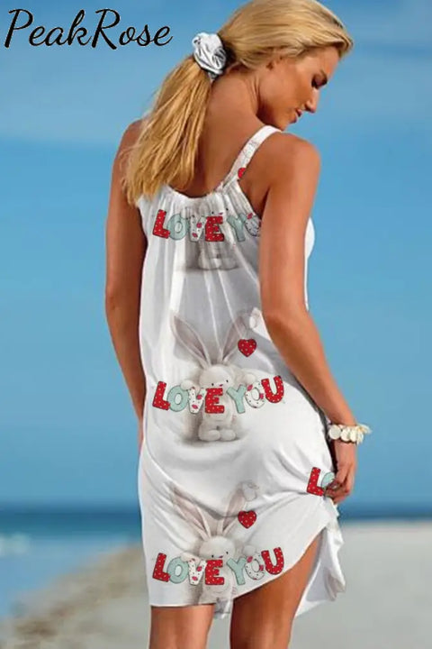 Love You Rabbits Print Beach Sleeveless Dress