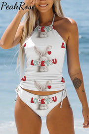 Love You Rabbits Print Bikini Swimsuit S