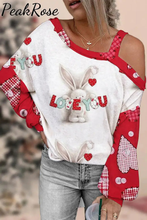 Love You Rabbits Print Off-Shoulder Blouse