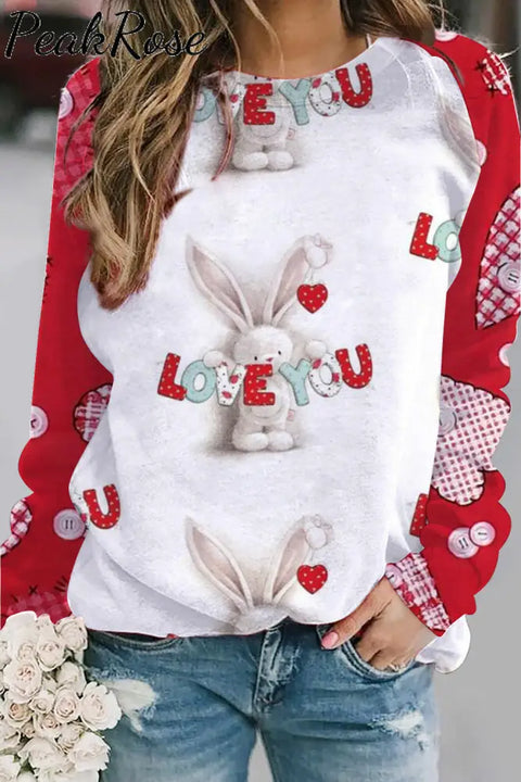 Love You Rabbits Print Sweatshirt S / White