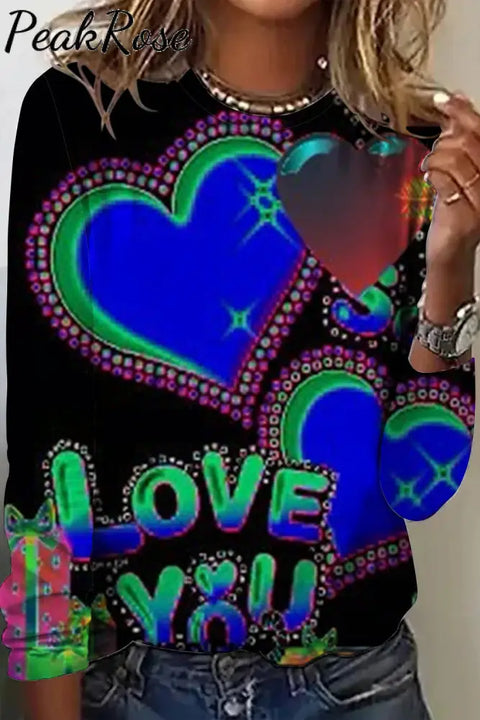 Love You Retro Bright Color Heart Print Long-Sleeved Sweatshirt