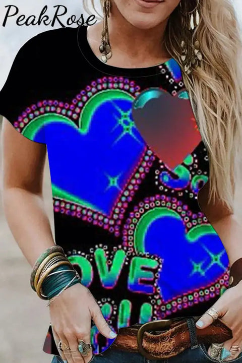 Love You Retro Bright Color Heart Print Short-Sleeved T-Shirt