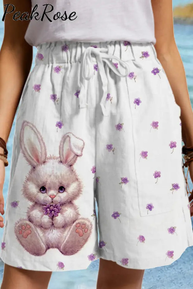 Lovely Easter Bunny And Pink Purple Flowers Drawstring Waist Casual Shorts