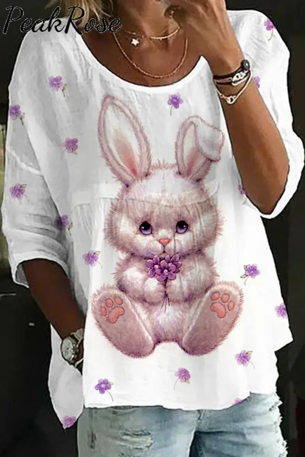 Lovely Easter Bunny And Pink Purple Flowers Half Sleeves Tee