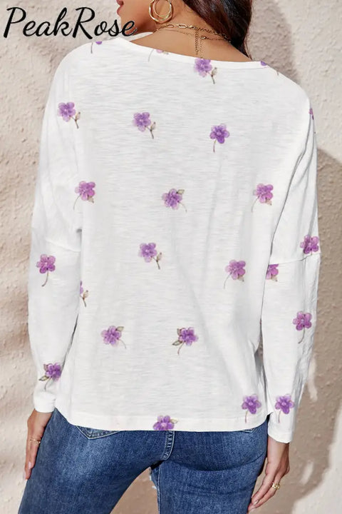 Lovely Easter Bunny And Pink Purple Flowers Mini V Neck Loose Long Sleeve T-Shirt Fold