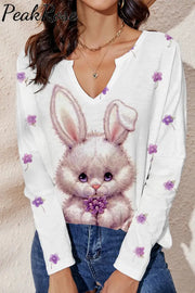 Lovely Easter Bunny And Pink Purple Flowers Mini V Neck Loose Long Sleeve T-Shirt S / Photo Color