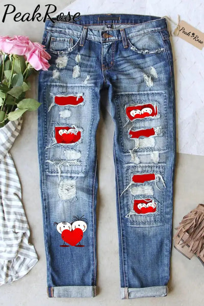 Lovers Red Heart-Shape Ripped Denim Jeans