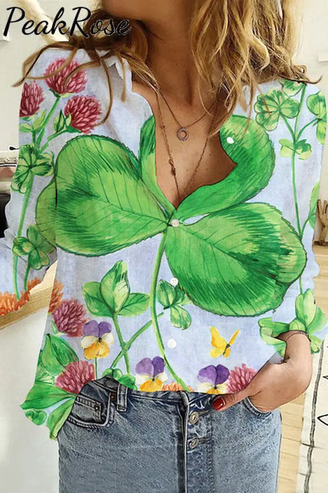 Luck Of Spring Garden Shamrock Bouquet Long Sleeve Shirt S / Photo Color Women