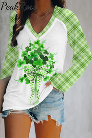 Luck Of Spring Garden Shamrock Bouquet V-Neck Long Sleeve Tee