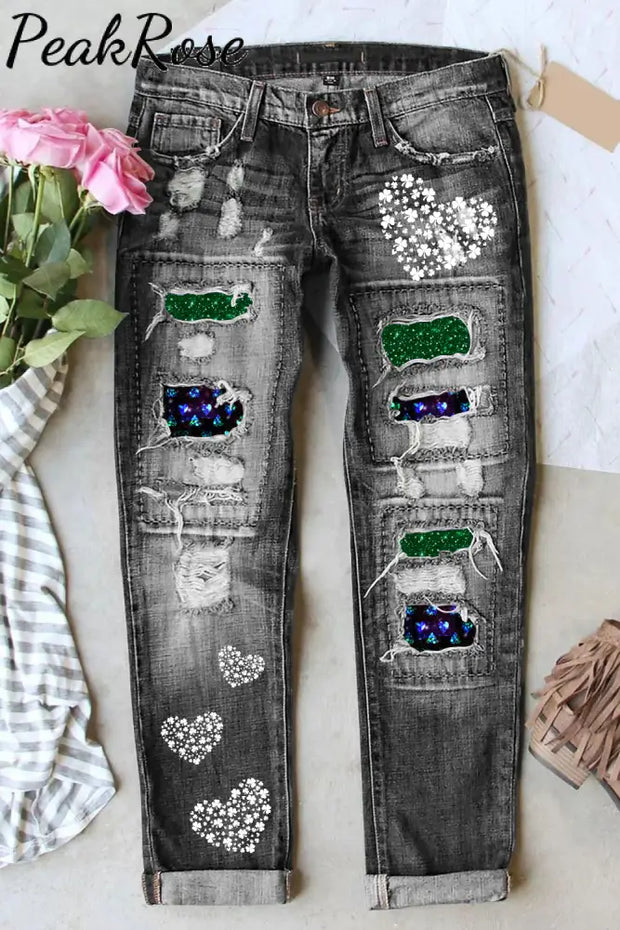 Lucky Gemstone Diamond Heart Shamrock Jeans