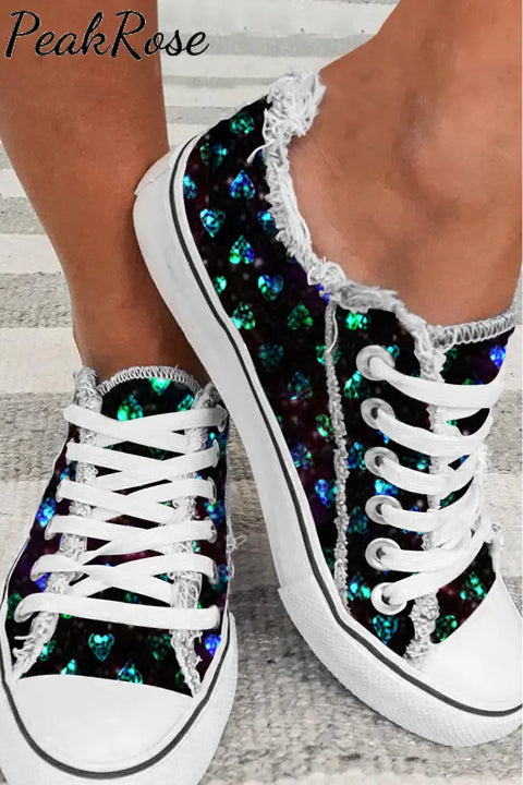 Lucky Gemstone Diamond Heart Shamrock Lace Up Canvas Shoes Sneakers 3.5(35) / Photo Color