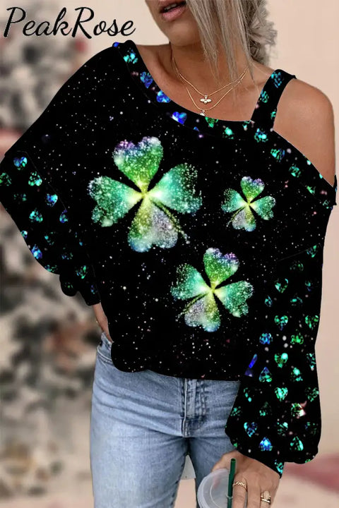 Lucky Gemstone Diamond Heart Shamrock Off-Shoulder Blouse Photo Color / S