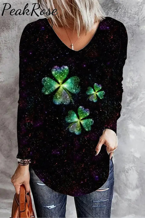 Lucky Gemstone Diamond Heart Shamrock V Neck Long Sleeve T-Shirt S / Photo Color T-Shirt