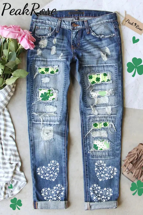 Lucky Shamrock Heart St. Patrick‘s Day Clover Charm Denim Jeans