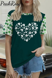 Lucky Shamrock Heart St. Patrick‘s Day Clover Charm Short-Sleeved T-Shirt Top