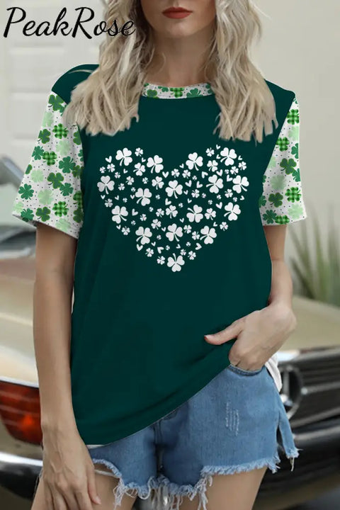 Lucky Shamrock Heart St. Patrick‘s Day Clover Charm Short-Sleeved T-Shirt Top S / Photo Color