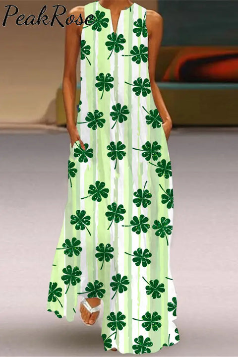 Lucky Shamrock Heart St. Patrick‘s Day Clover Charm Sleeveless Maxi Dress