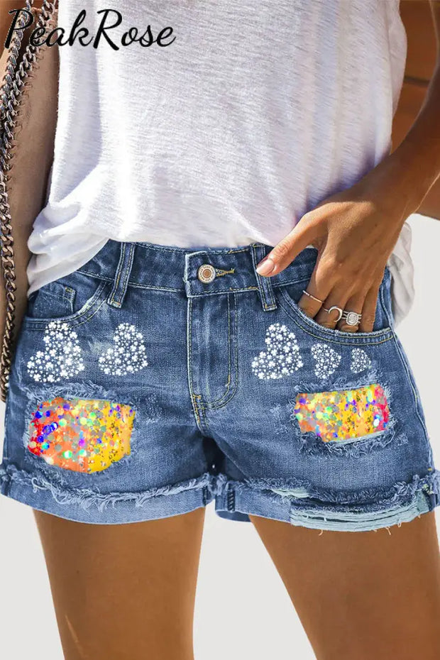 Lucky Shamrock Rainbow St.patricks Day Denim Shorts