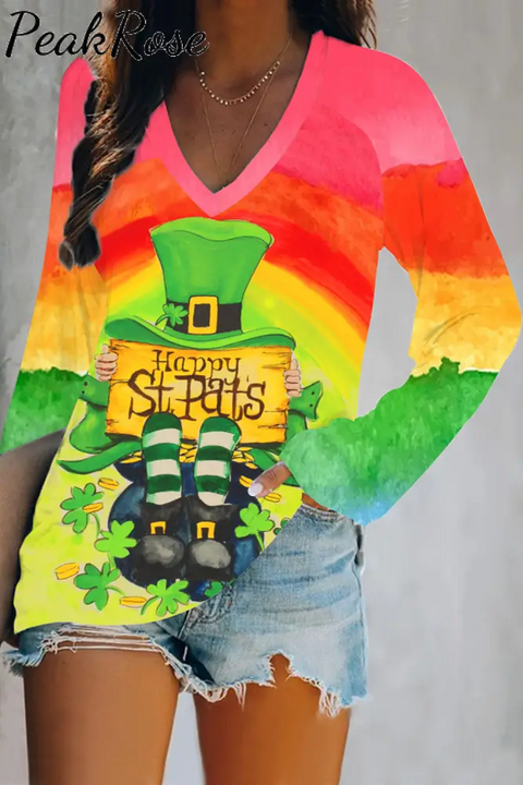 Lucky Shamrock Rainbow St.patricks Day V-Neck Long Sleeve Tee