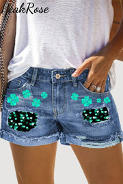 Lucky Shamrocks Leopard Plaid Denim Shorts