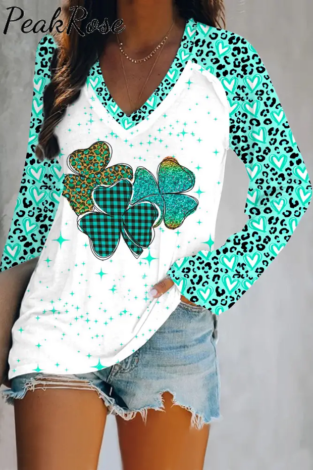 Lucky Shamrocks Leopard Plaid V-Neck Long Sleeve Tee