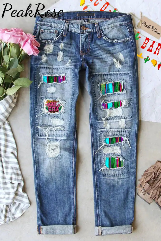 Mama Cita Cactus Serape Mexican Cinco De Mayo Printed Ripped Denim Jeans S