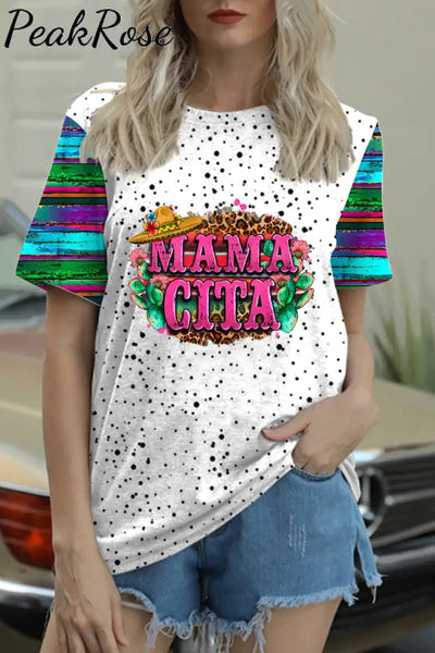 Mama Cita Cactus Serape Mexican Cinco De Mayo Printed Round Neck T-Shirt Photo Color / S T-Shirt