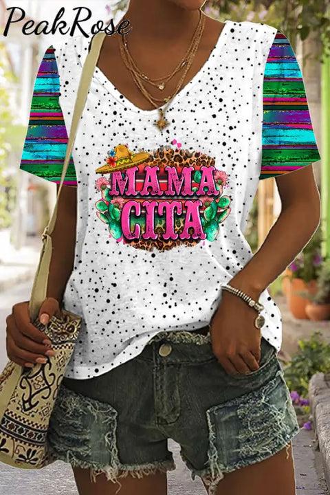 Mama Cita Cactus Serape Mexican Cinco De Mayo Printed V Neck T-Shirt T-Shirt